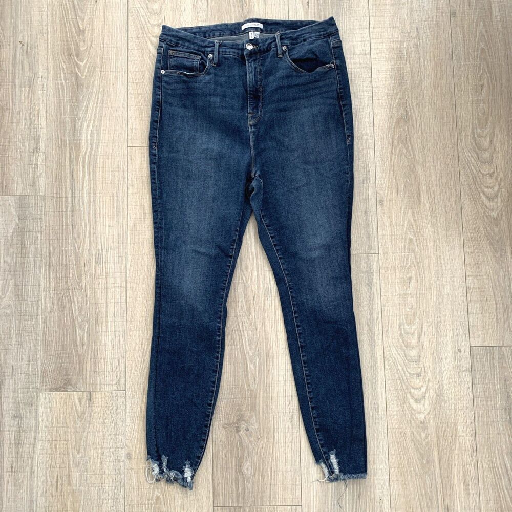 Good American Good Legs Stretch Skinny Denim Jeans Raw Hem Blue Womens Size 18